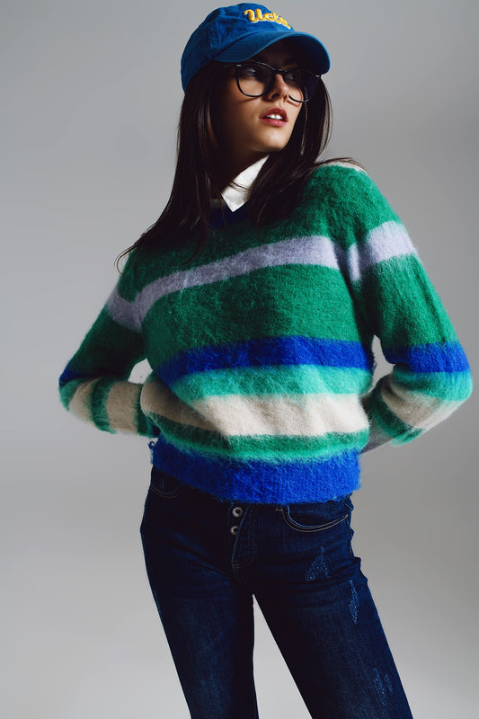 Q2 Fluffy Stripy Sweater in Shades of Blue Green and White.