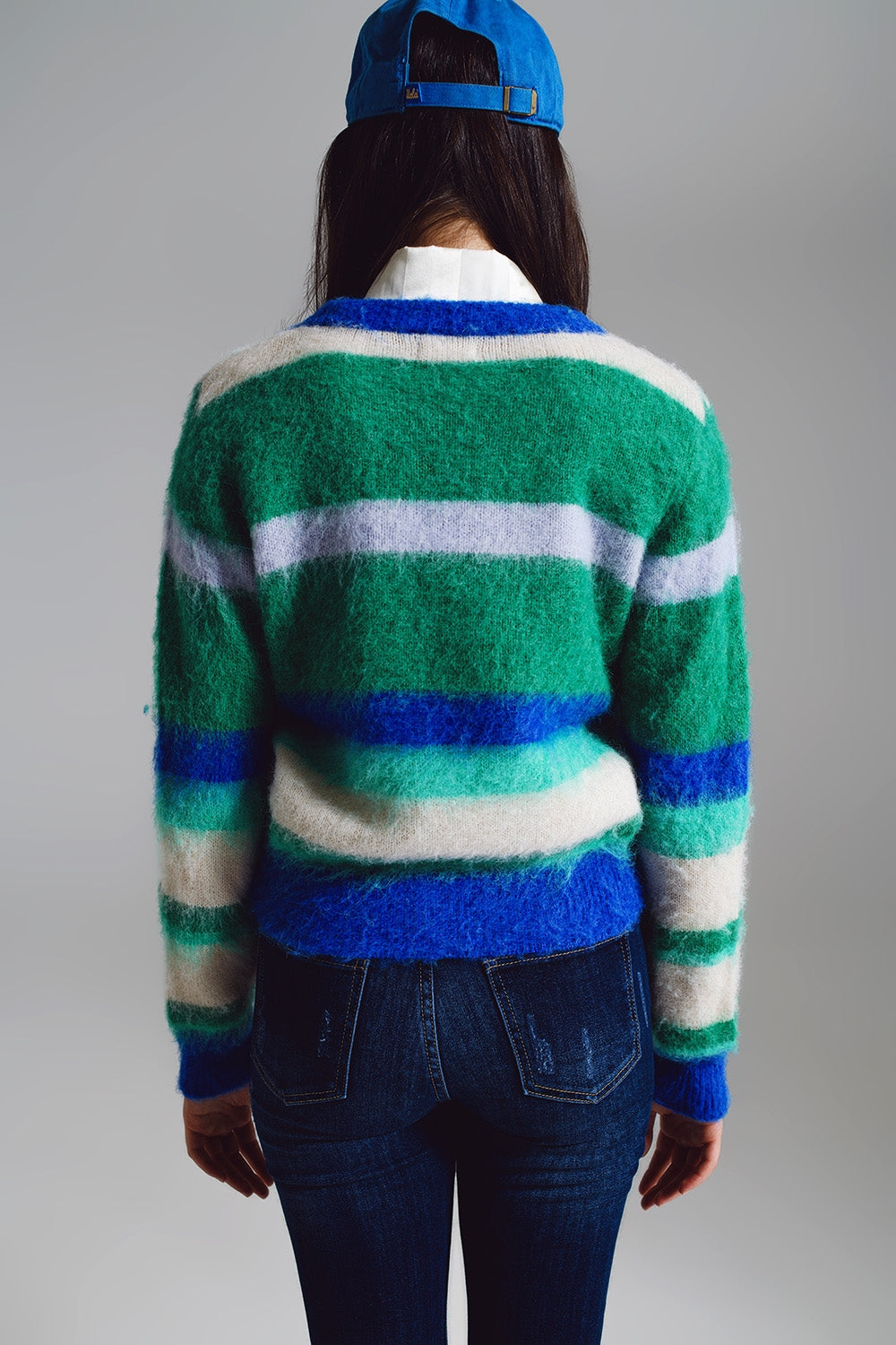 Fluffy Stripy Sweater in Shades of Blue Green and White. Q2 Sweaters BoutiqueLua