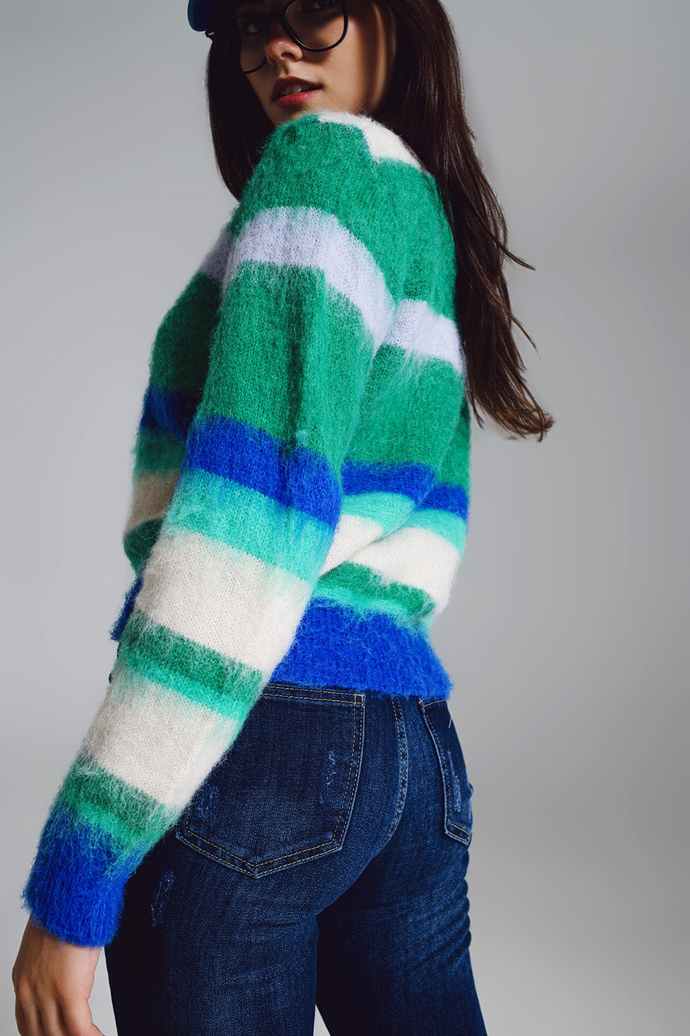 Fluffy Stripy Sweater in Shades of Blue Green and White. Q2 Sweaters BoutiqueLua