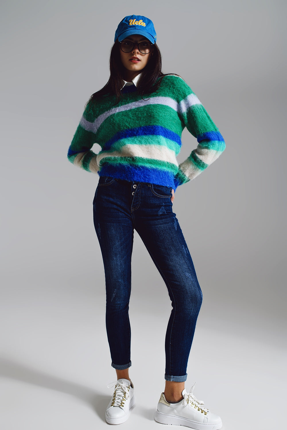 Fluffy Stripy Sweater in Shades of Blue Green and White. Q2 Sweaters BoutiqueLua