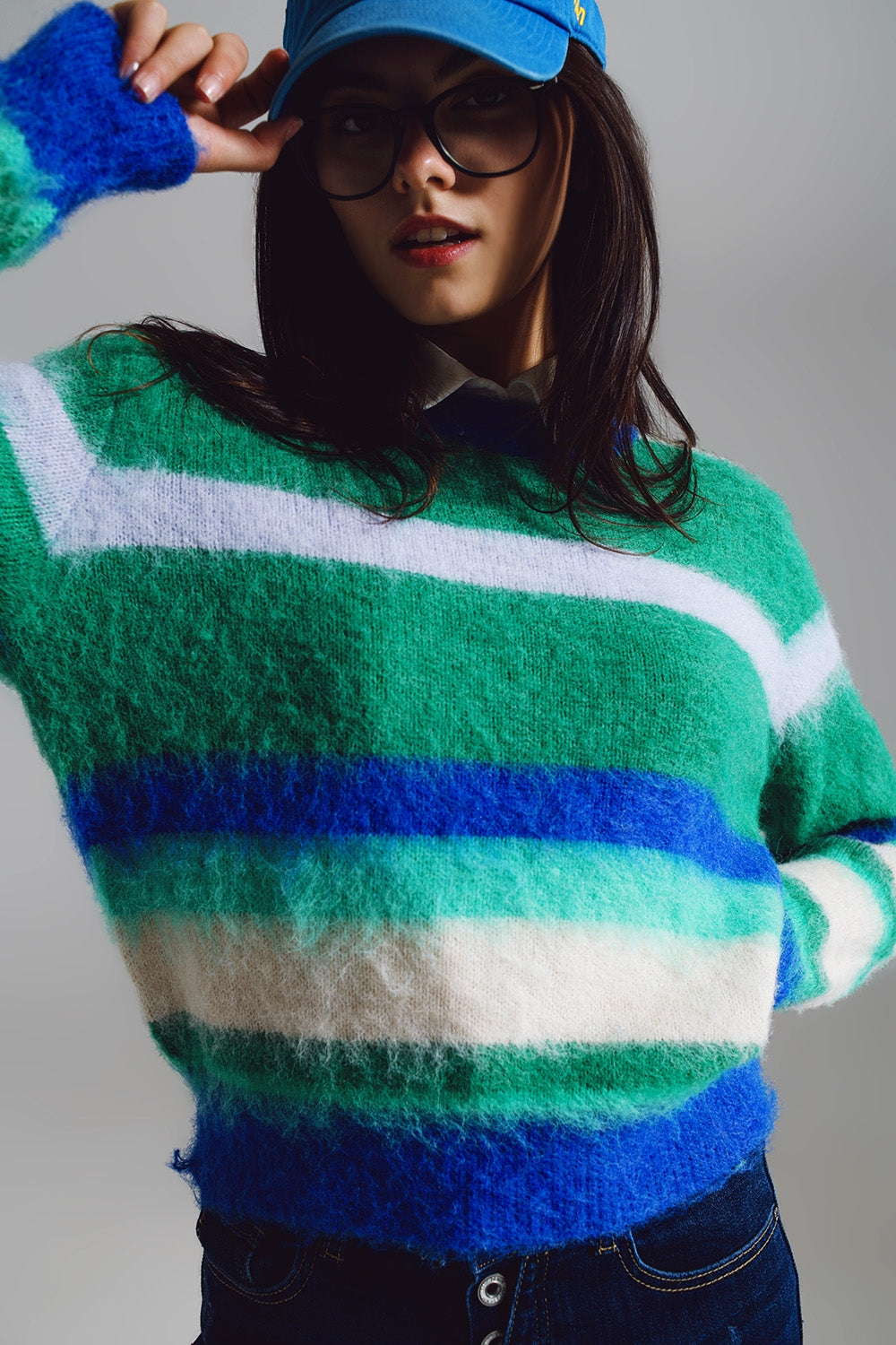 Fluffy Stripy Sweater in Shades of Blue Green and White. Q2 Sweaters BoutiqueLua