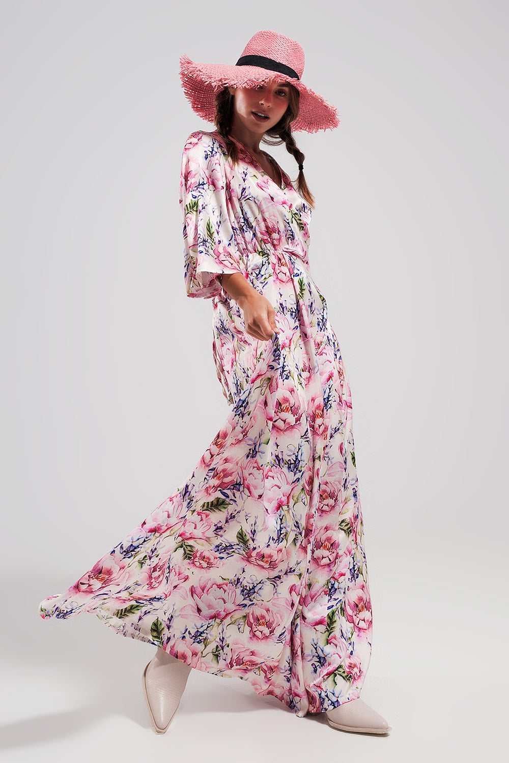 Flutter sleeve maxi dress in pink floral print Q2 Dresses BoutiqueLua