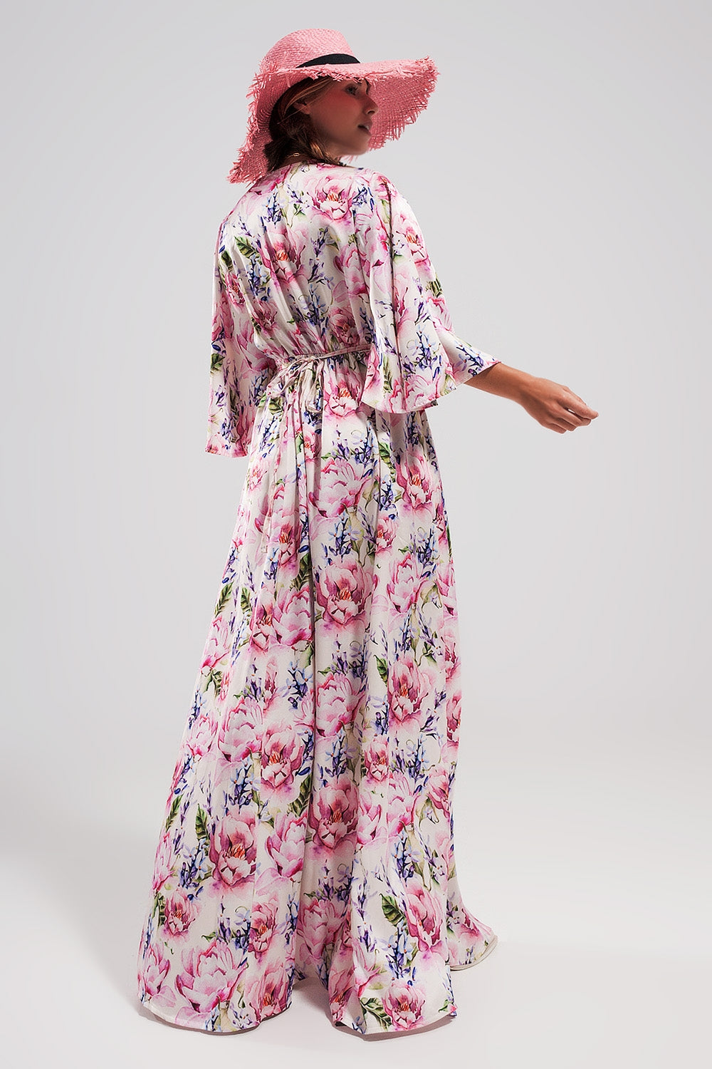 Flutter sleeve maxi dress in pink floral print Q2 Dresses BoutiqueLua