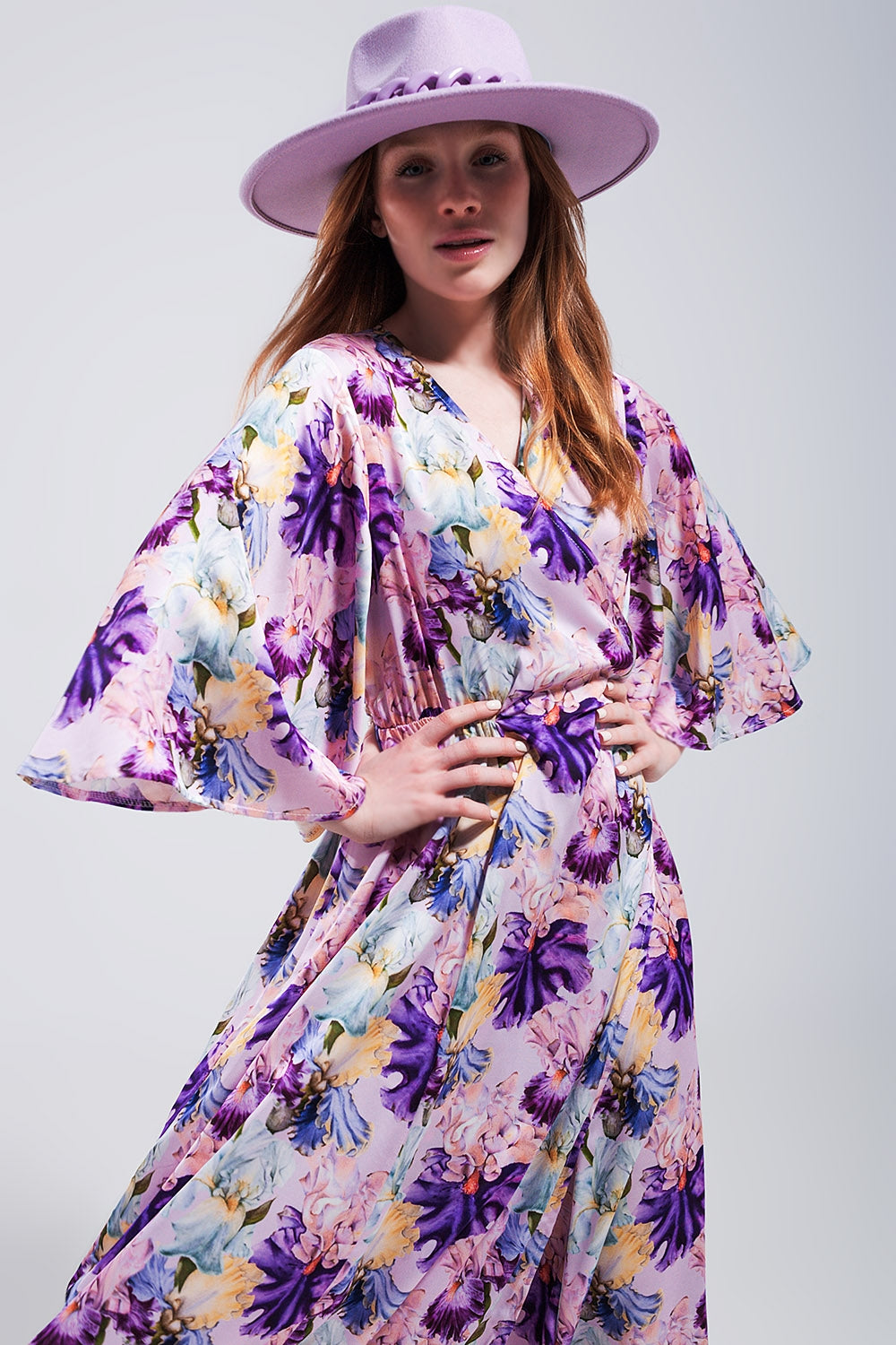 Flutter sleeve maxi dress in purple floral print Q2 Dresses BoutiqueLua