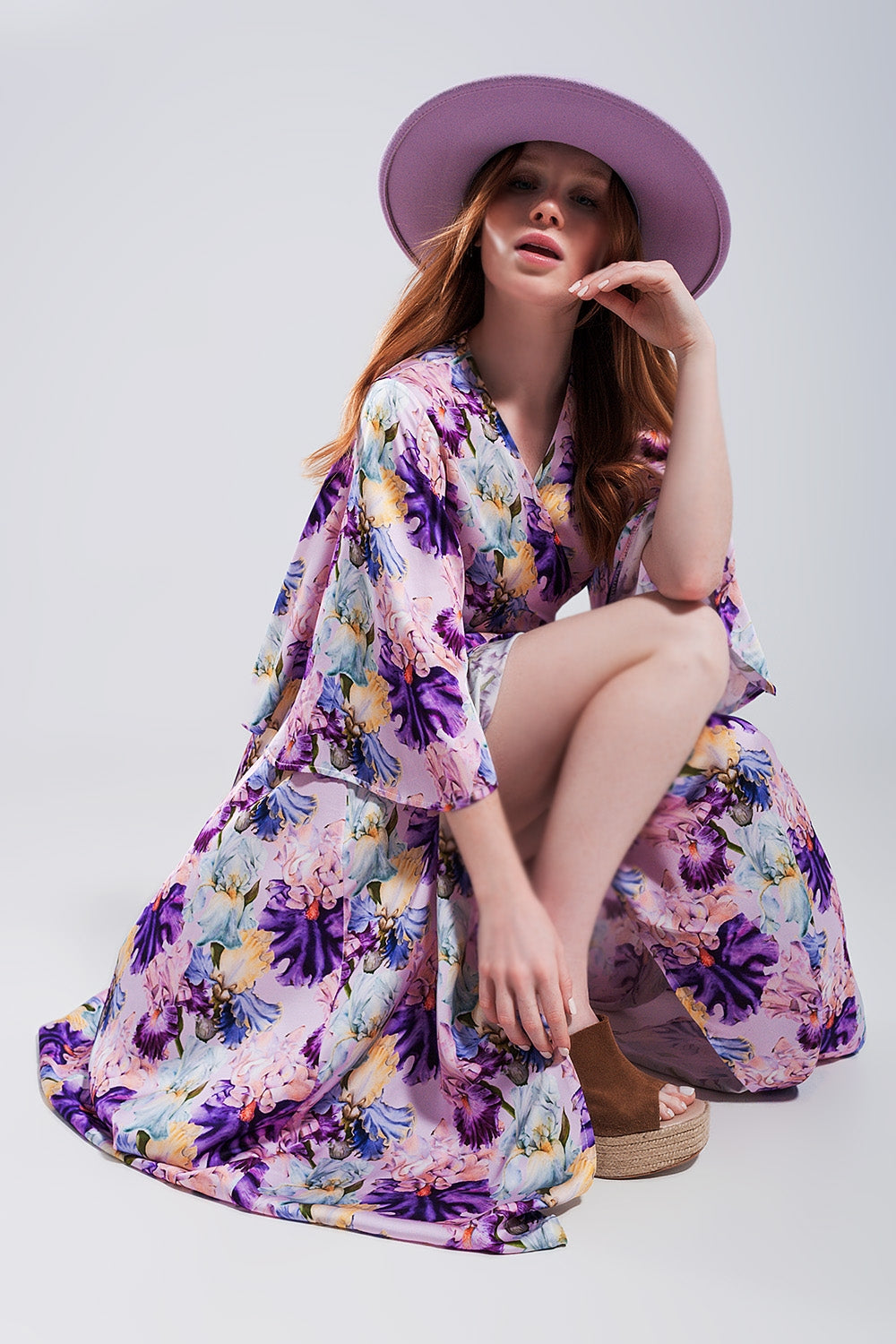 Flutter sleeve maxi dress in purple floral print Q2 Dresses BoutiqueLua