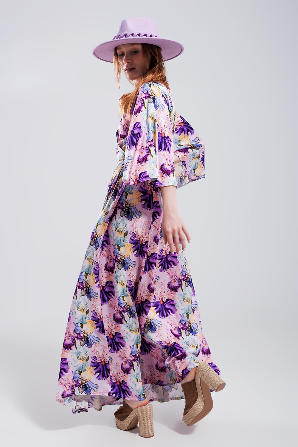 Flutter sleeve maxi dress in purple floral print Q2 Dresses BoutiqueLua