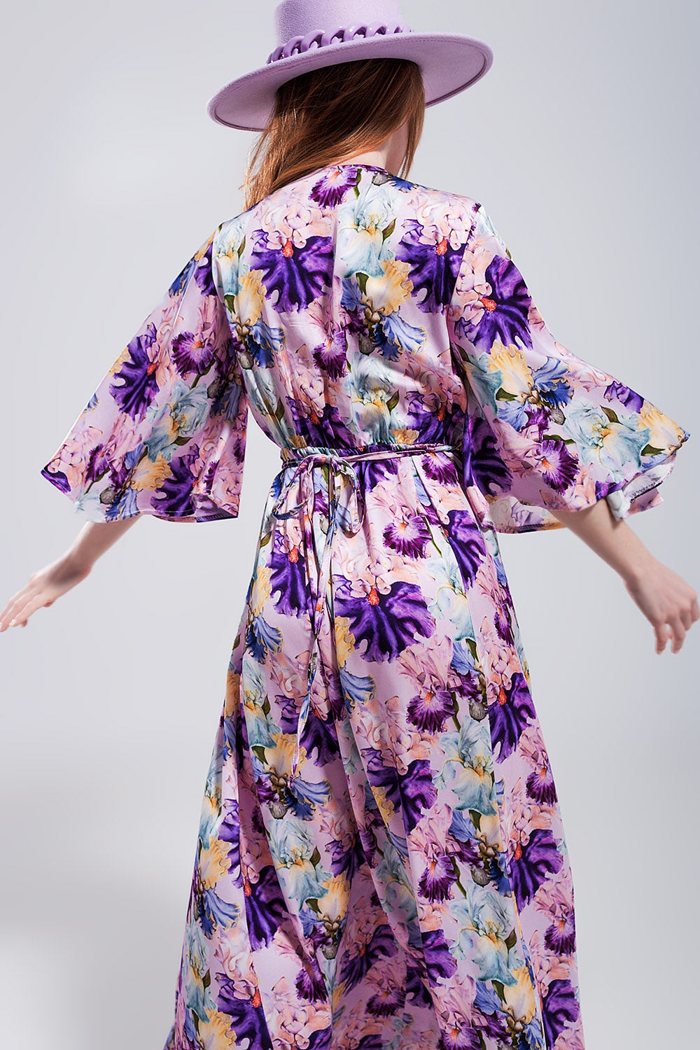 Flutter sleeve maxi dress in purple floral print Q2 Dresses BoutiqueLua