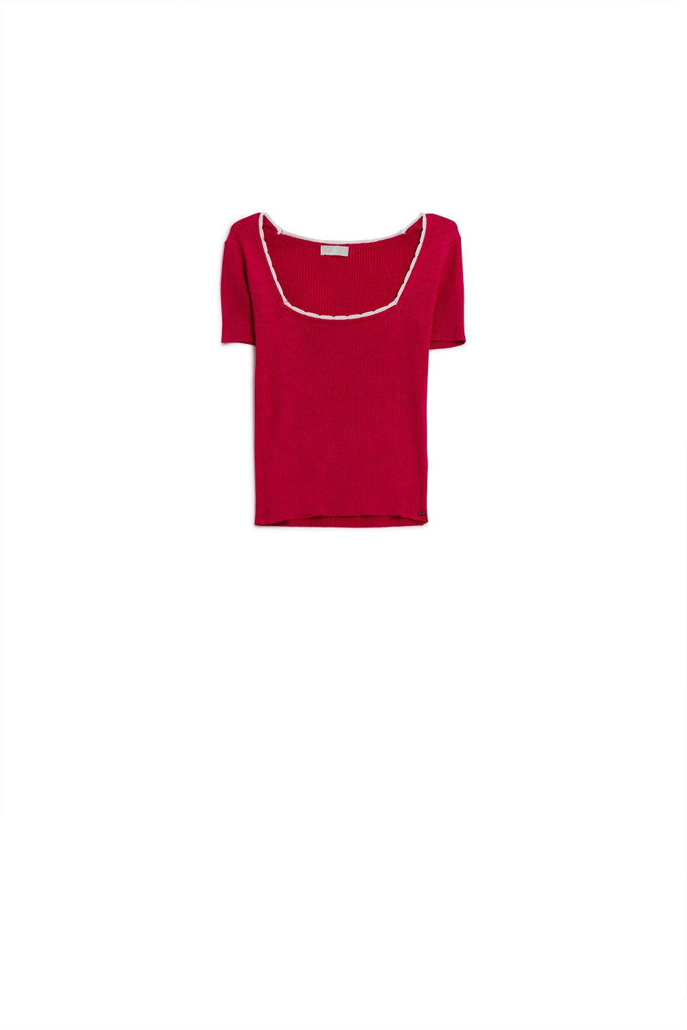 Fuchsia Knitted Short Sleeve Sweater With Square Neck and  White Trim Q2 Sweaters BoutiqueLua