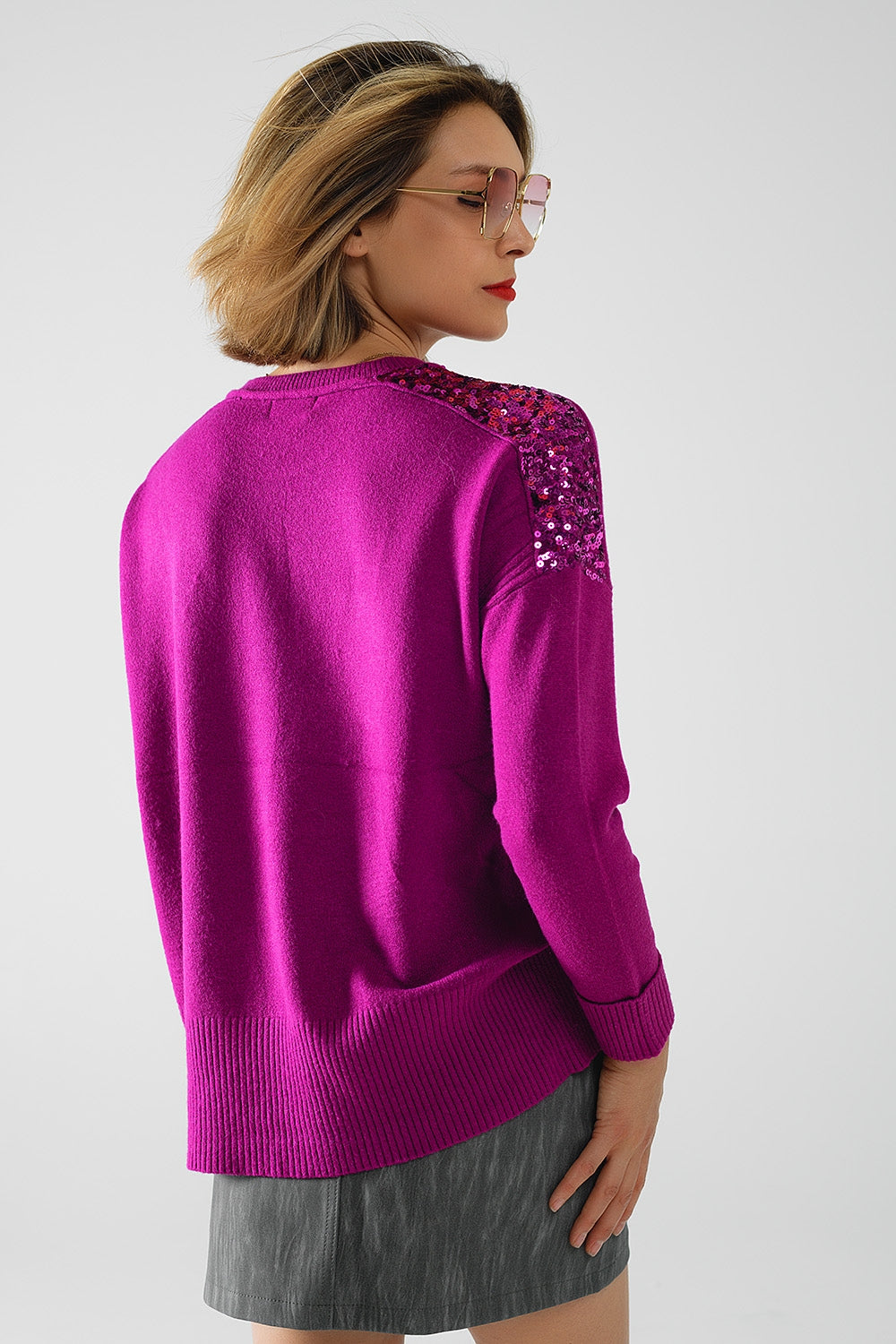 fuchsia Long Sleeves Sweater With Sequins on The Shoulders Q2 Sweaters BoutiqueLua