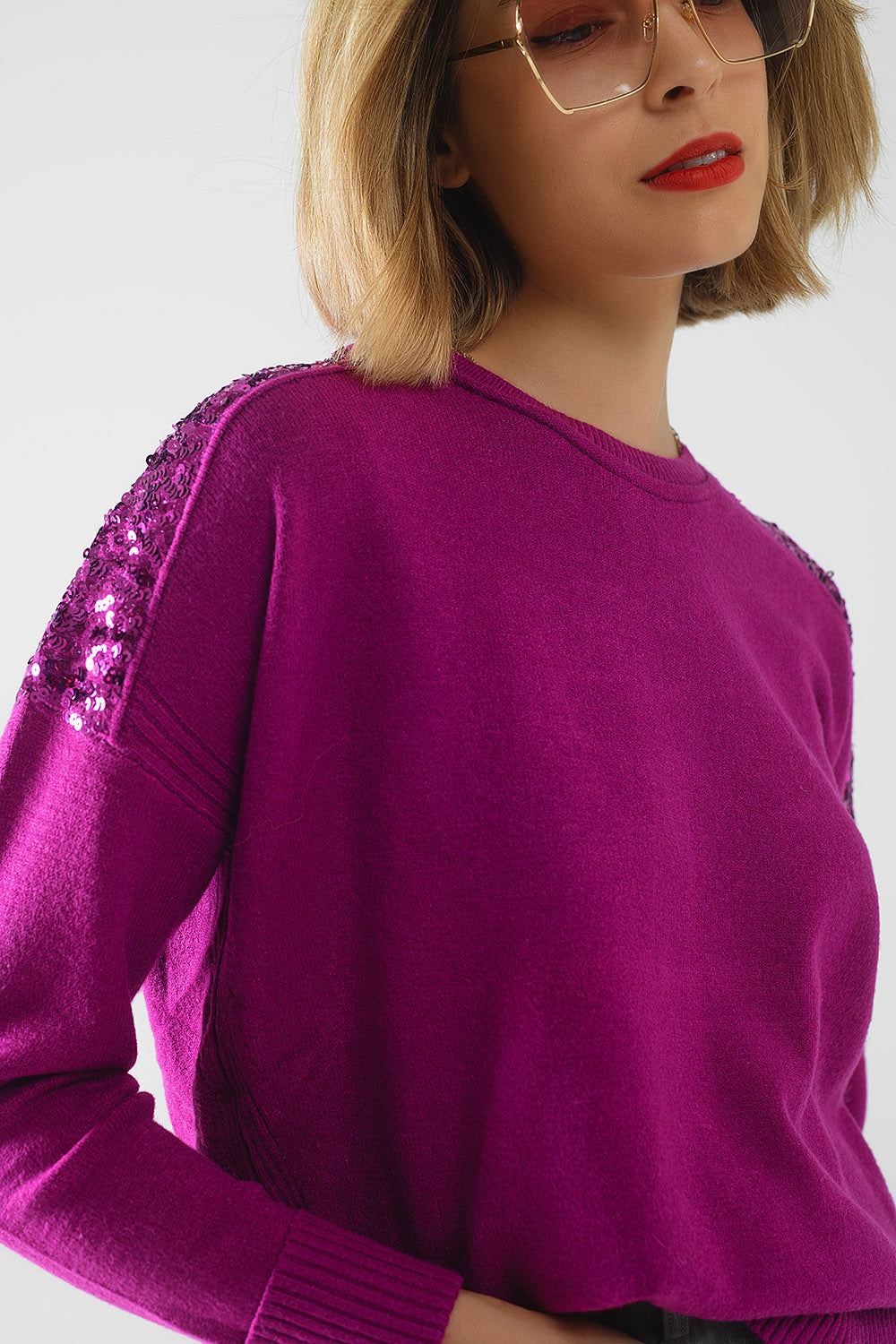 fuchsia Long Sleeves Sweater With Sequins on The Shoulders Q2 Sweaters BoutiqueLua