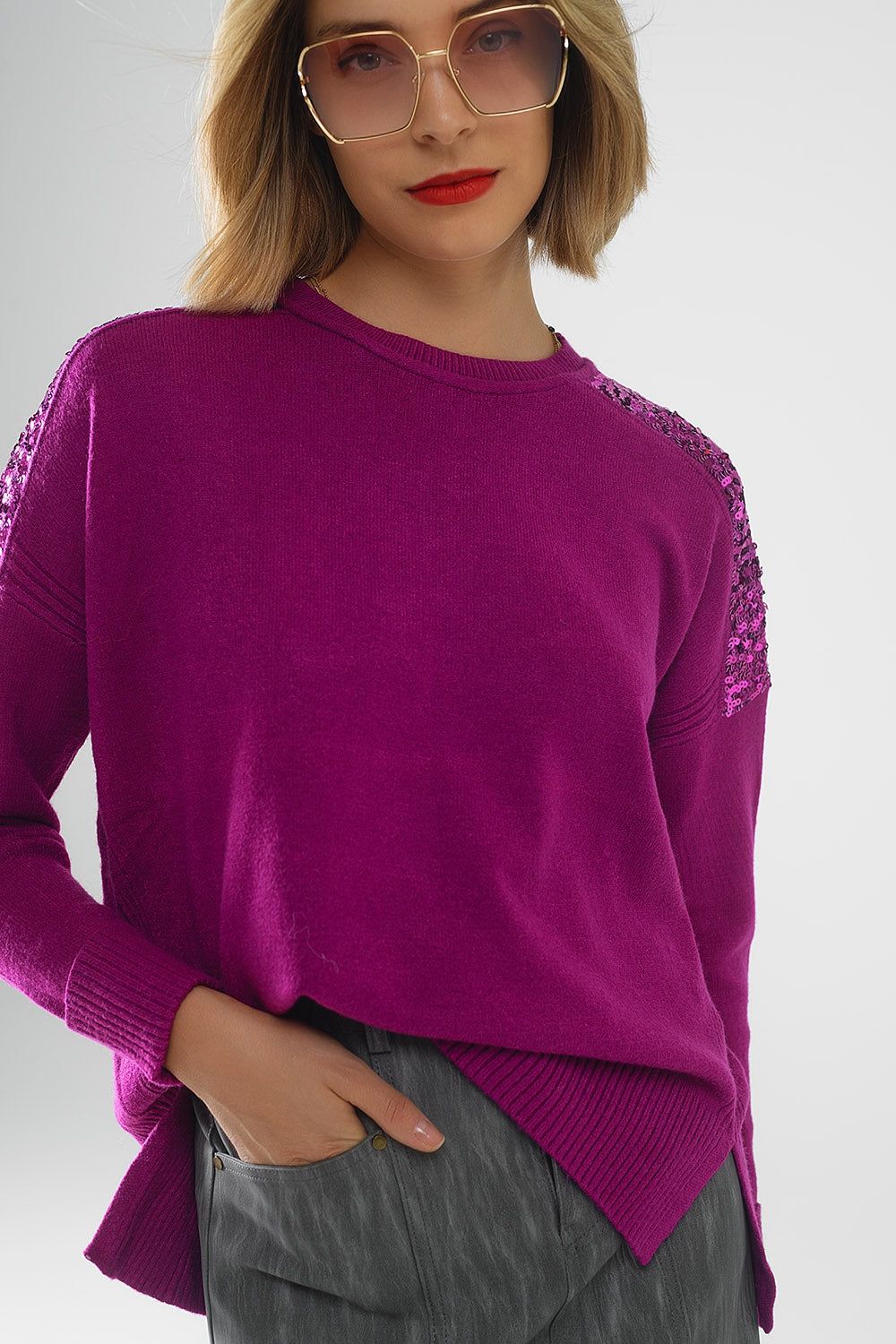 fuchsia Long Sleeves Sweater With Sequins on The Shoulders Q2 Sweaters BoutiqueLua