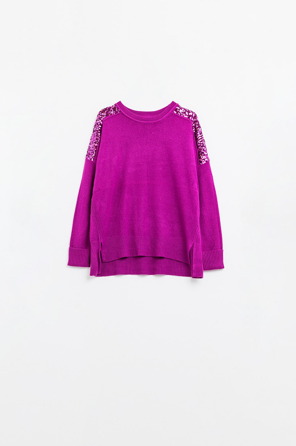 fuchsia Long Sleeves Sweater With Sequins on The Shoulders Q2 Sweaters BoutiqueLua