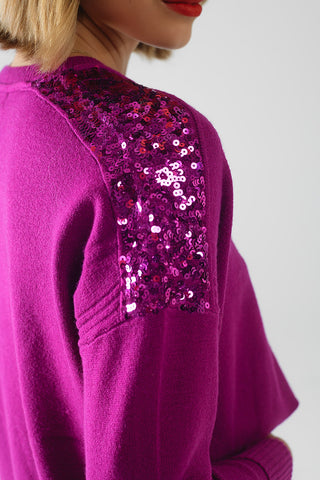 fuchsia Long Sleeves Sweater With Sequins on The Shoulders