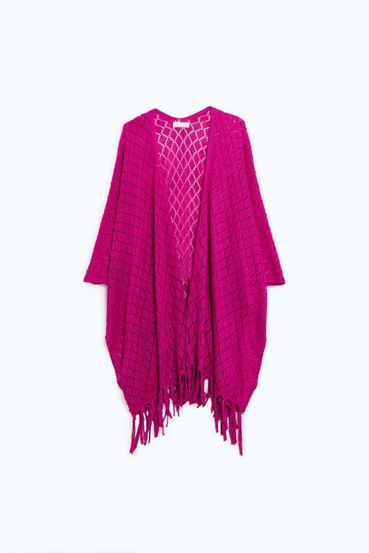 Q2 Fuchsia Open Cardigan With Fringe Ends and 3/4 sleeves