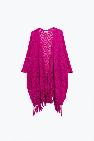 Fuchsia Open Cardigan With Fringe Ends and 3/4 sleeves