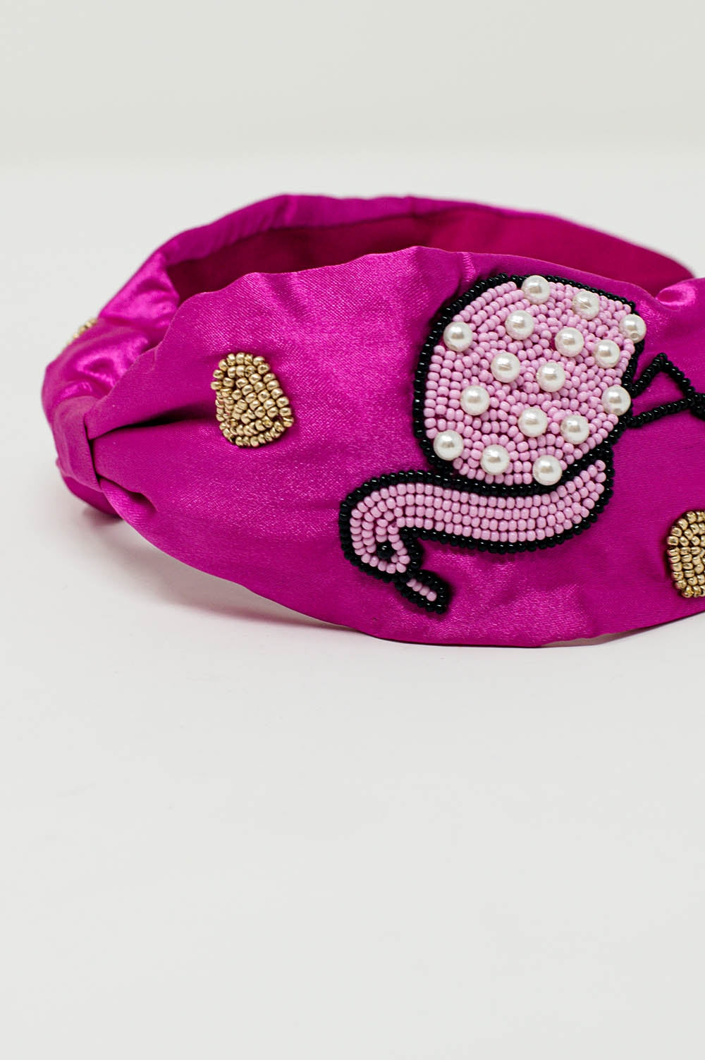 Fuchsia Satin Headband with Embroidered Flamigos Q2 Headbands BoutiqueLua