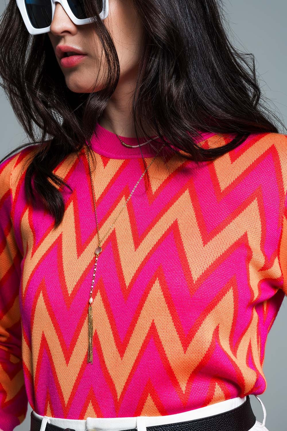 Fuchsia  sweater with  zig zag print with orange details Q2 Sweaters BoutiqueLua