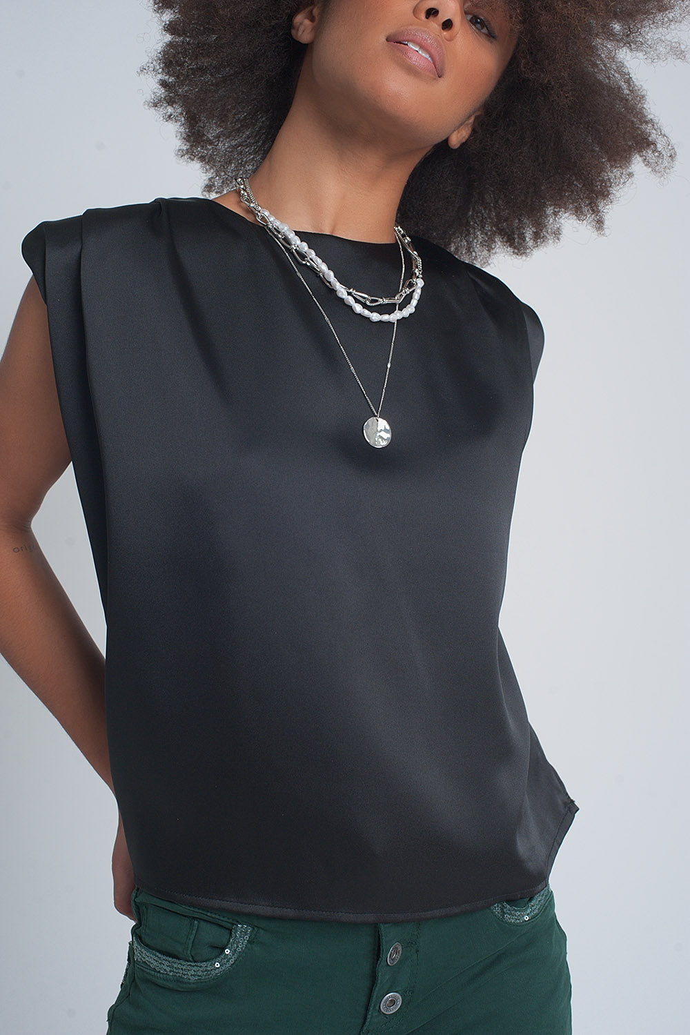 Gathered satin shoulder pad sleeveless top in black Q2 Tops BoutiqueLua