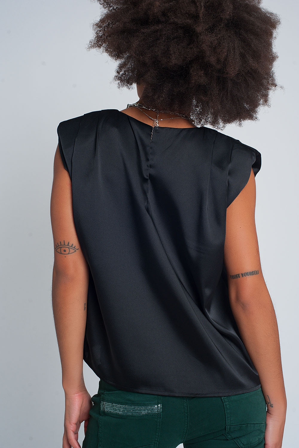 Gathered satin shoulder pad sleeveless top in black Q2 Tops BoutiqueLua