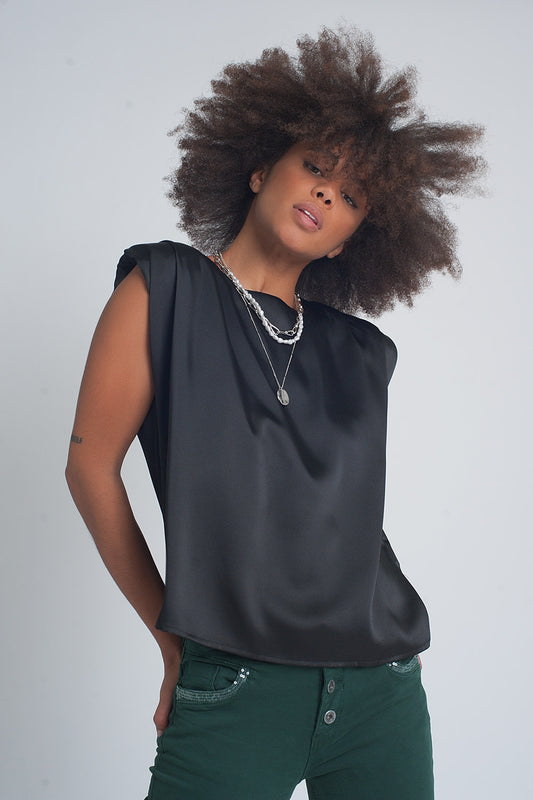 Q2 Gathered satin shoulder pad sleeveless top in black