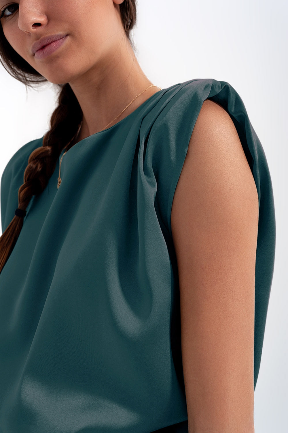 Gathered satin shoulder pad sleeveless top in green Q2 Tops BoutiqueLua