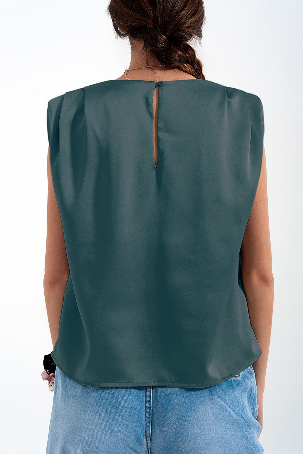 Gathered satin shoulder pad sleeveless top in green Q2 Tops BoutiqueLua