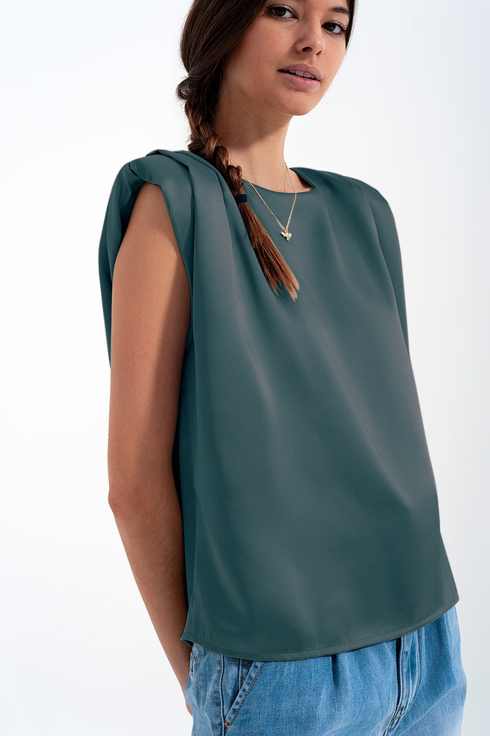 Gathered satin shoulder pad sleeveless top in green Q2 Tops BoutiqueLua