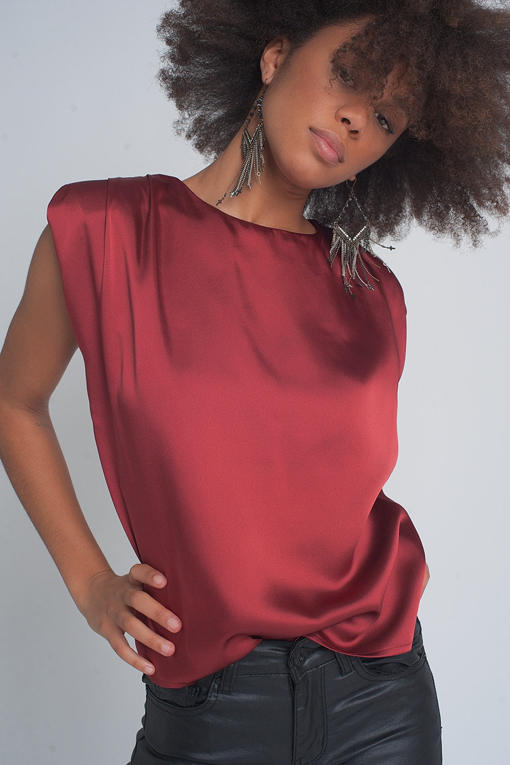 Gathered satin shoulder pad sleeveless top in red Q2 Tops BoutiqueLua