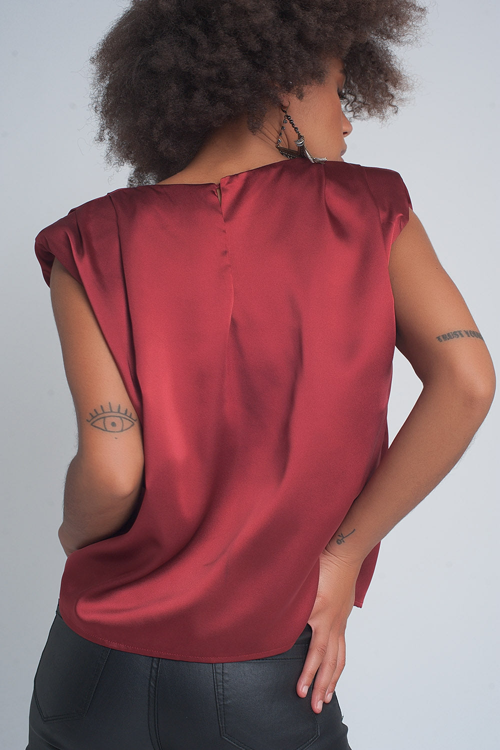 Gathered satin shoulder pad sleeveless top in red Q2 Tops BoutiqueLua