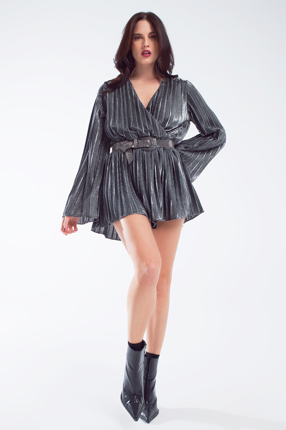 Glitter playsuit in silver with V neck Q2 Dresses BoutiqueLua