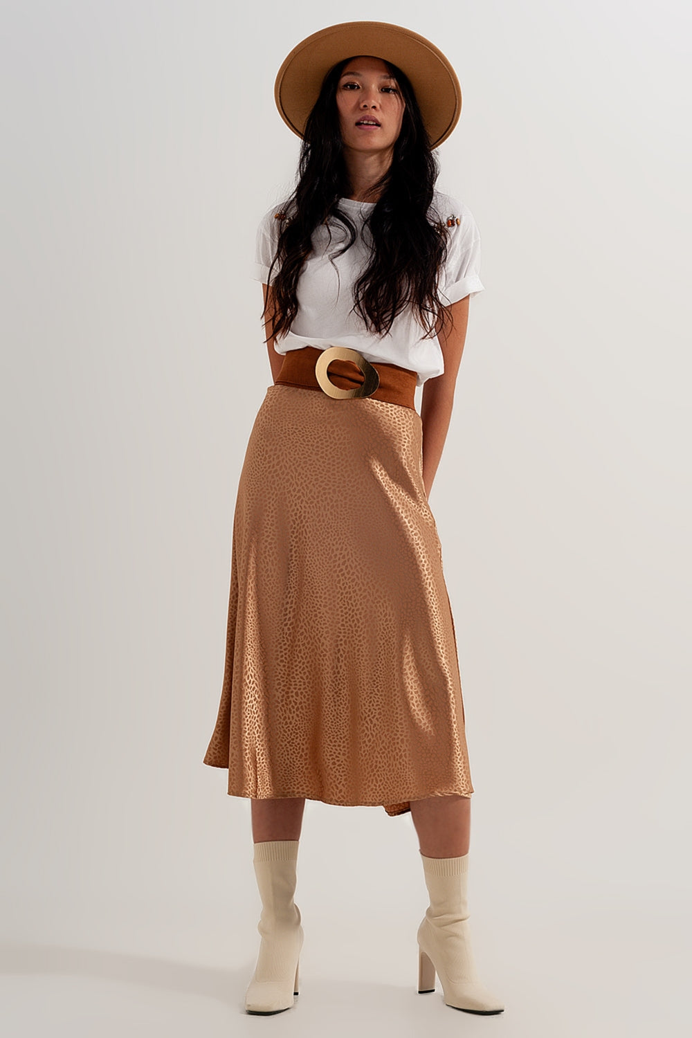 Gold color midi skirt in abstract animal print Q2 Skirts BoutiqueLua