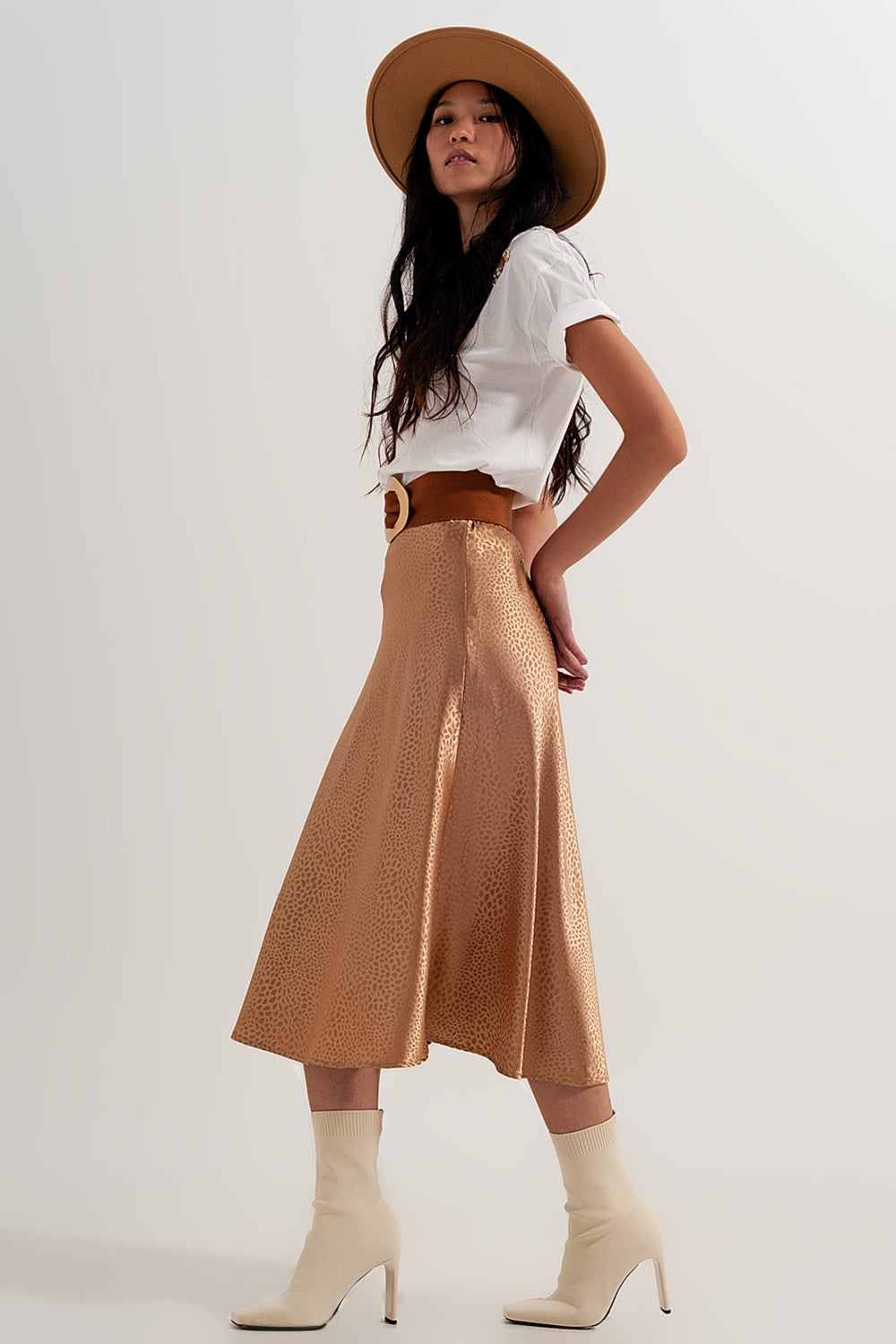 Gold color midi skirt in abstract animal print Q2 Skirts BoutiqueLua