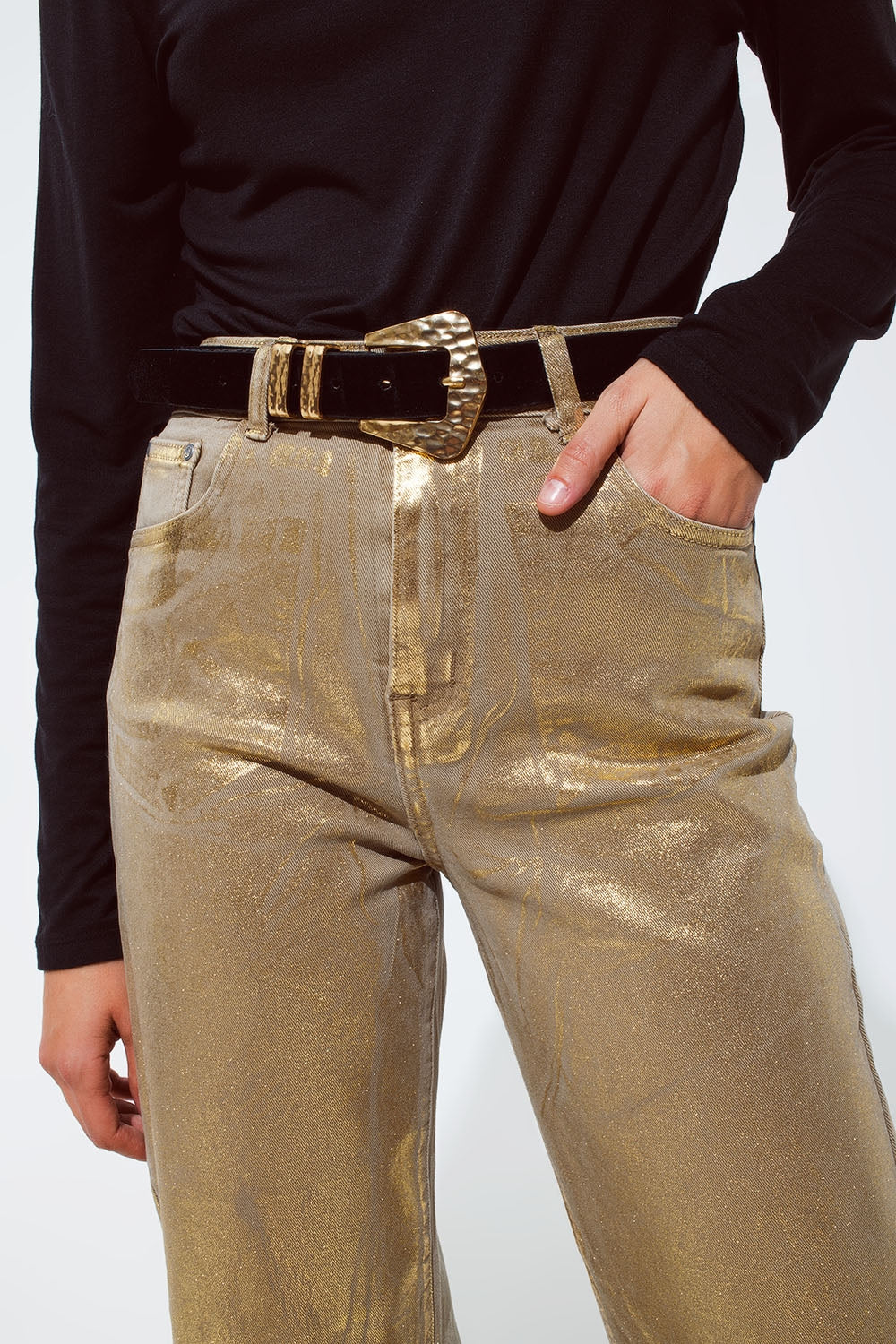 Gold straight leg jeans with metallic glow Q2 Jeans BoutiqueLua