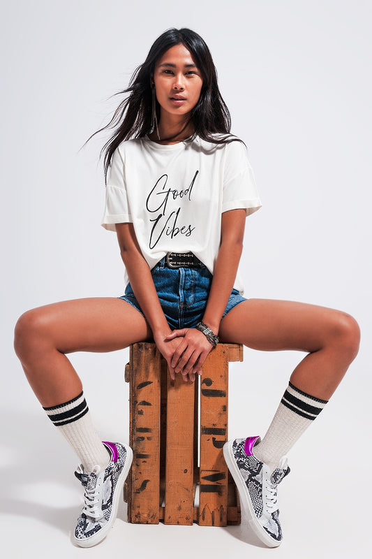 Good Vibes slogan tee in white Q2 Tops BoutiqueLua