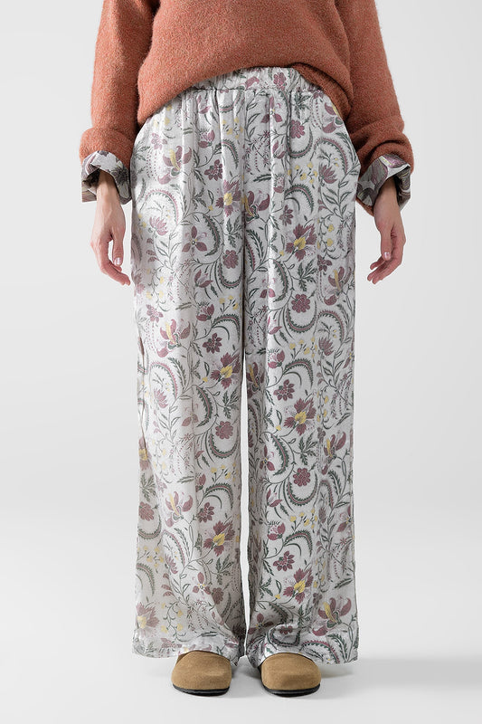 Q2 gray flower printed satin pants