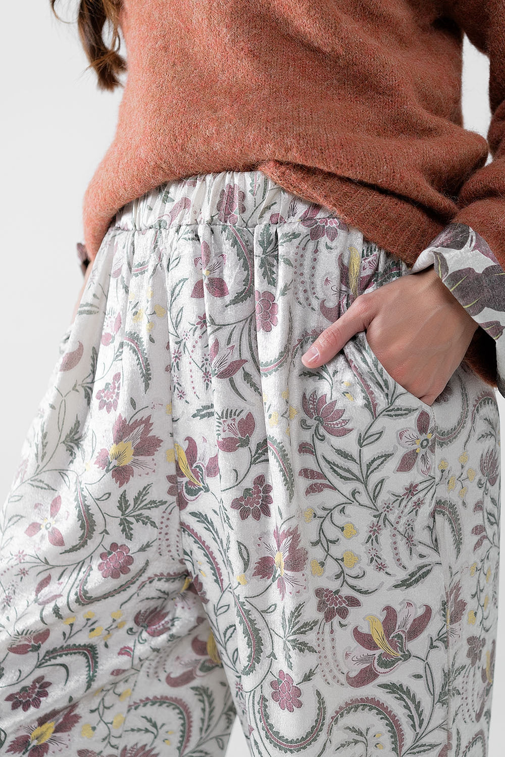 gray flower printed satin pants