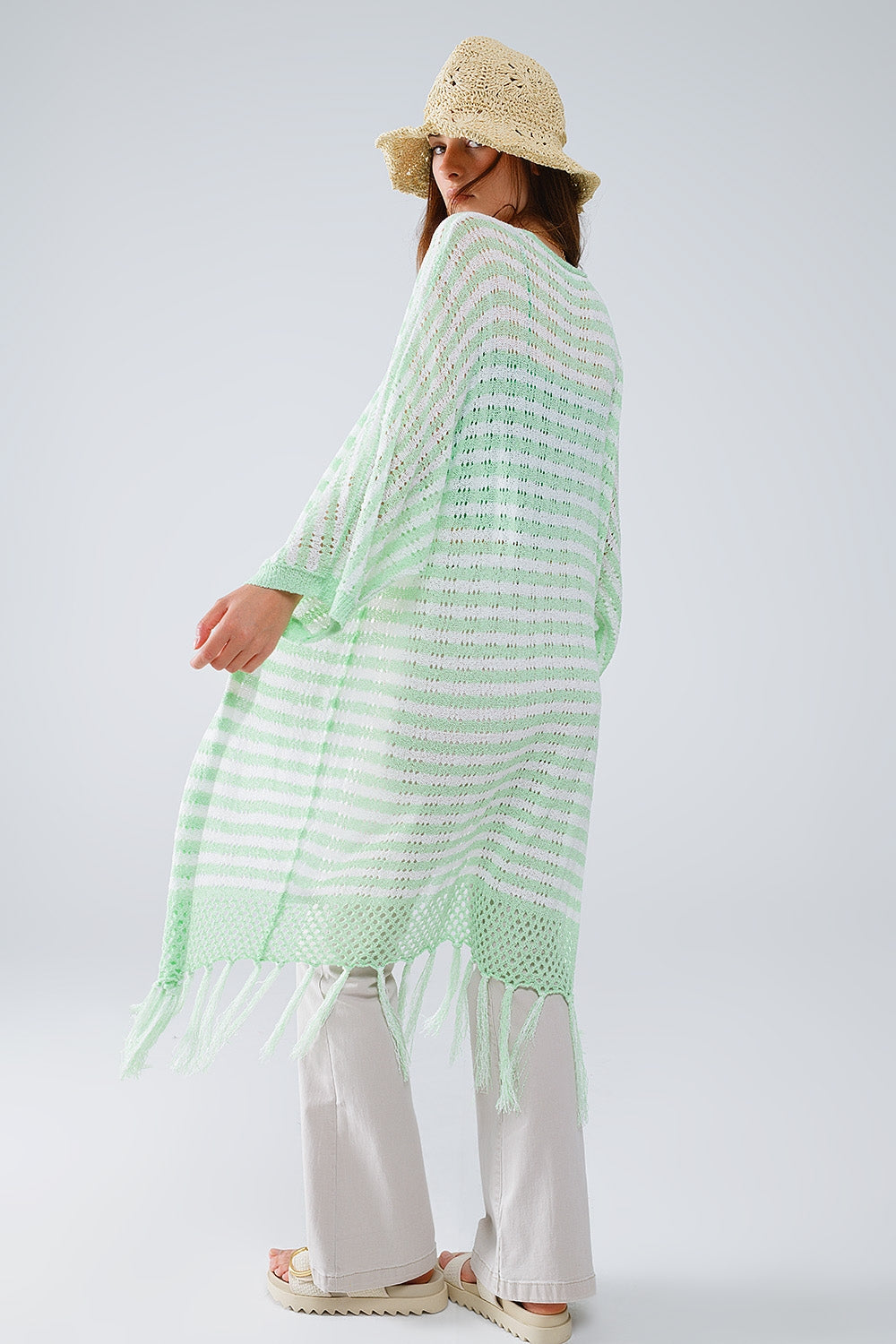 Green Boho Style Cardigan With Stripes Pointelle Knit and Fringe Details Q2 Sweaters BoutiqueLua