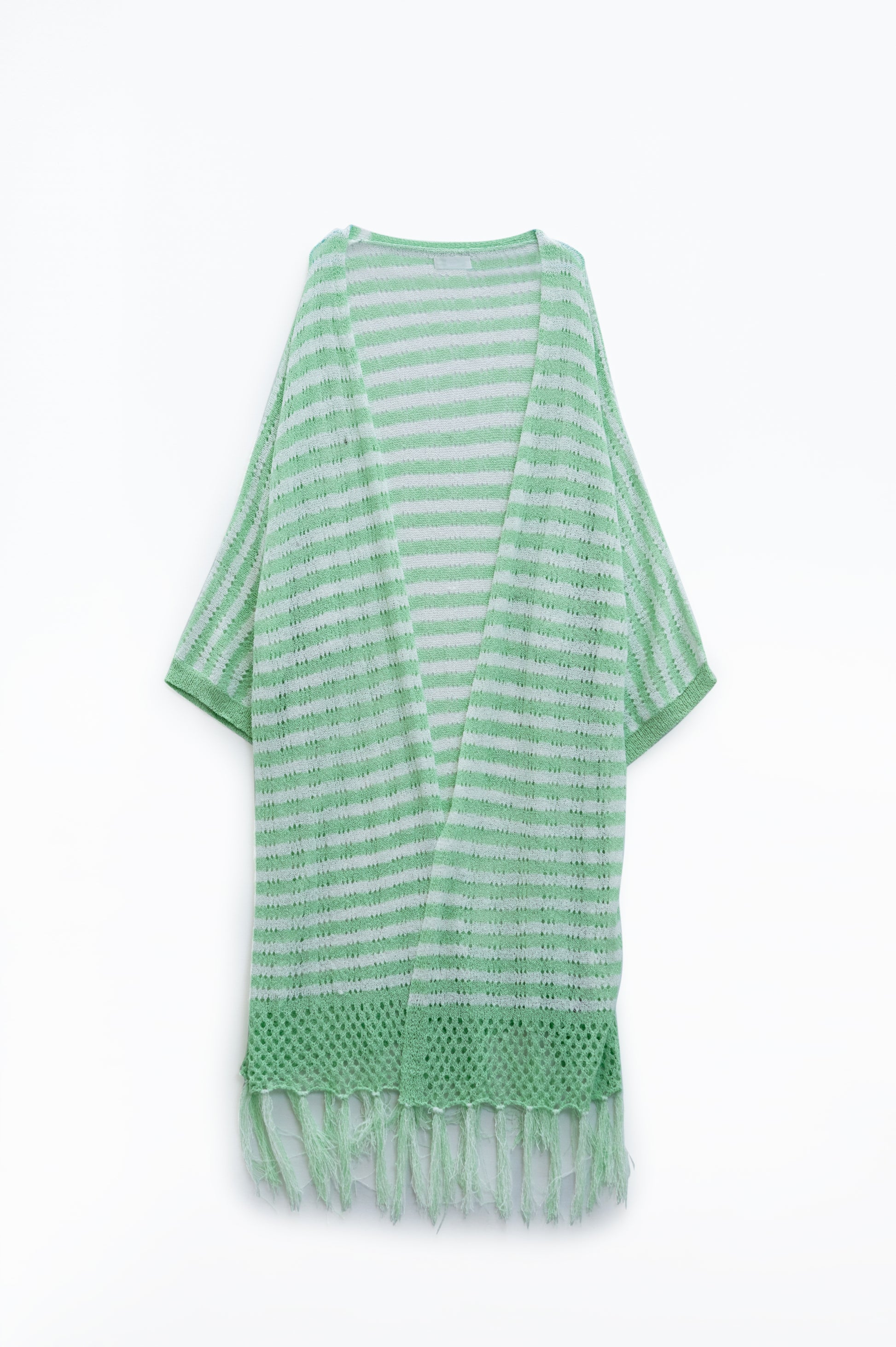 Green Boho Style Cardigan With Stripes Pointelle Knit and Fringe Details Q2 Sweaters BoutiqueLua