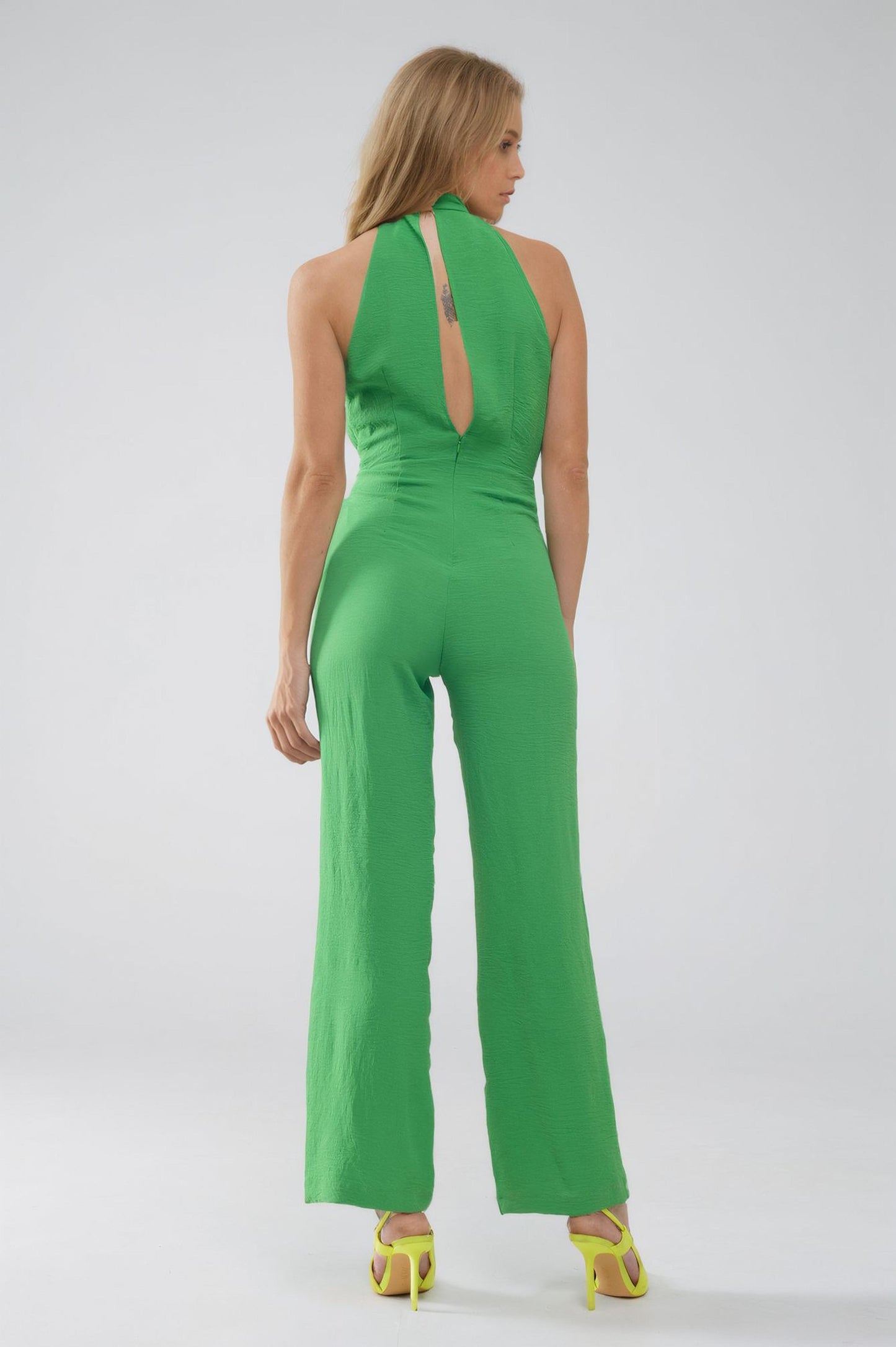 Green Jumpsuit With Crossed Halter Neckline Q2 Dresses BoutiqueLua