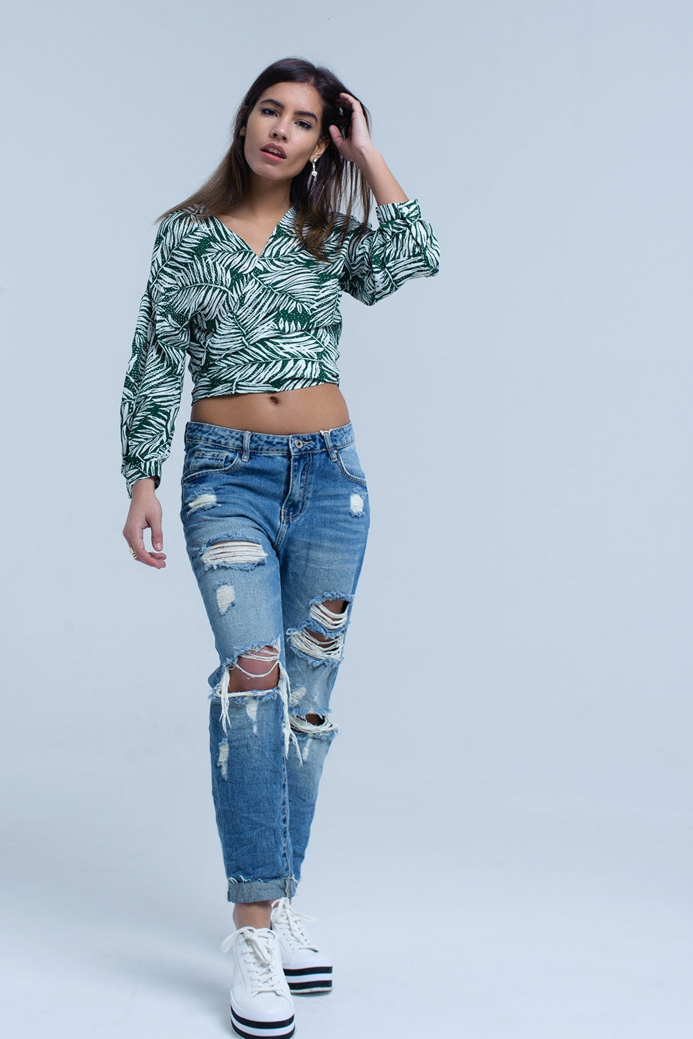 Green leaf print blouse with plunge neck Q2 Shirts BoutiqueLua