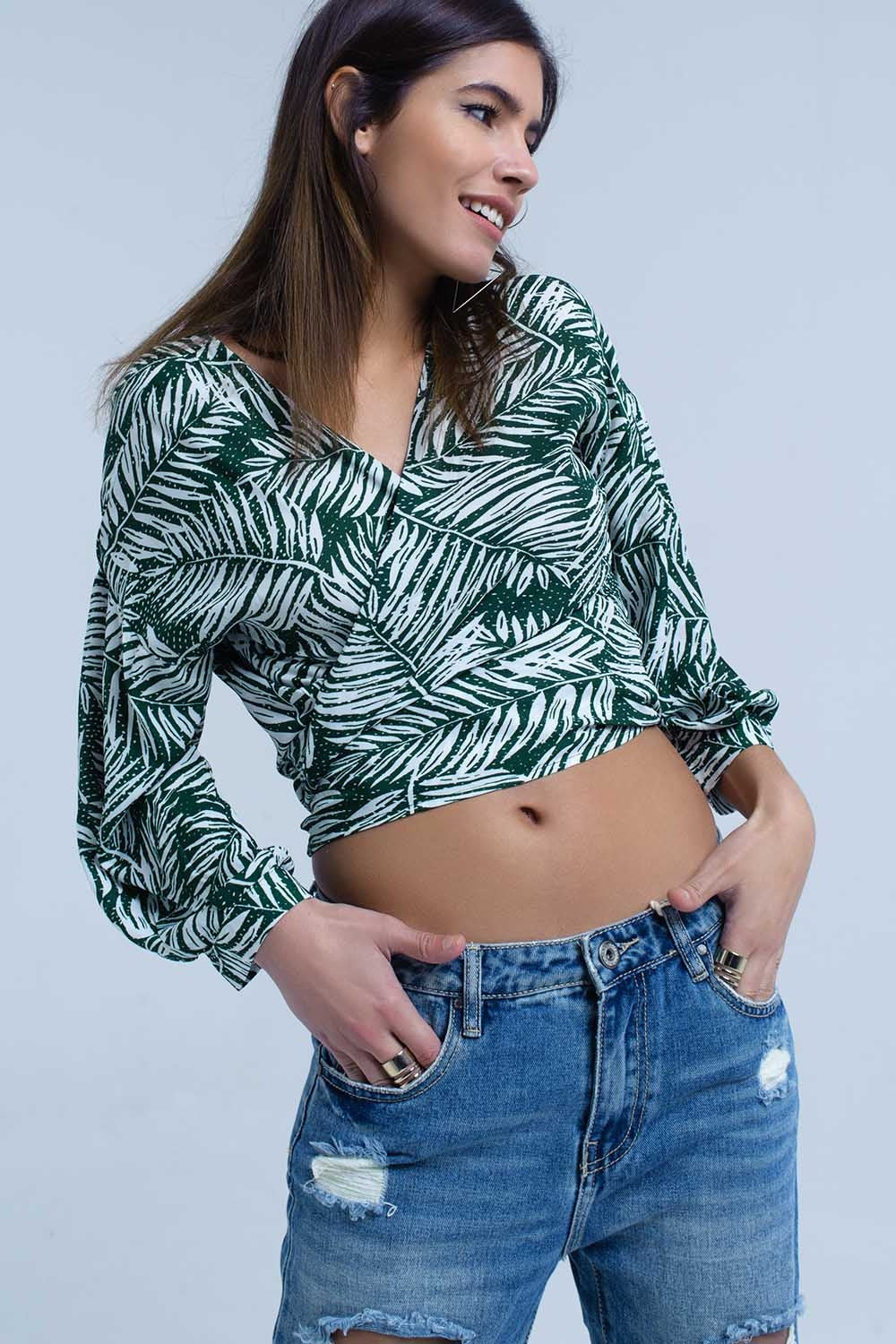 Q2 Green leaf print blouse with plunge neck