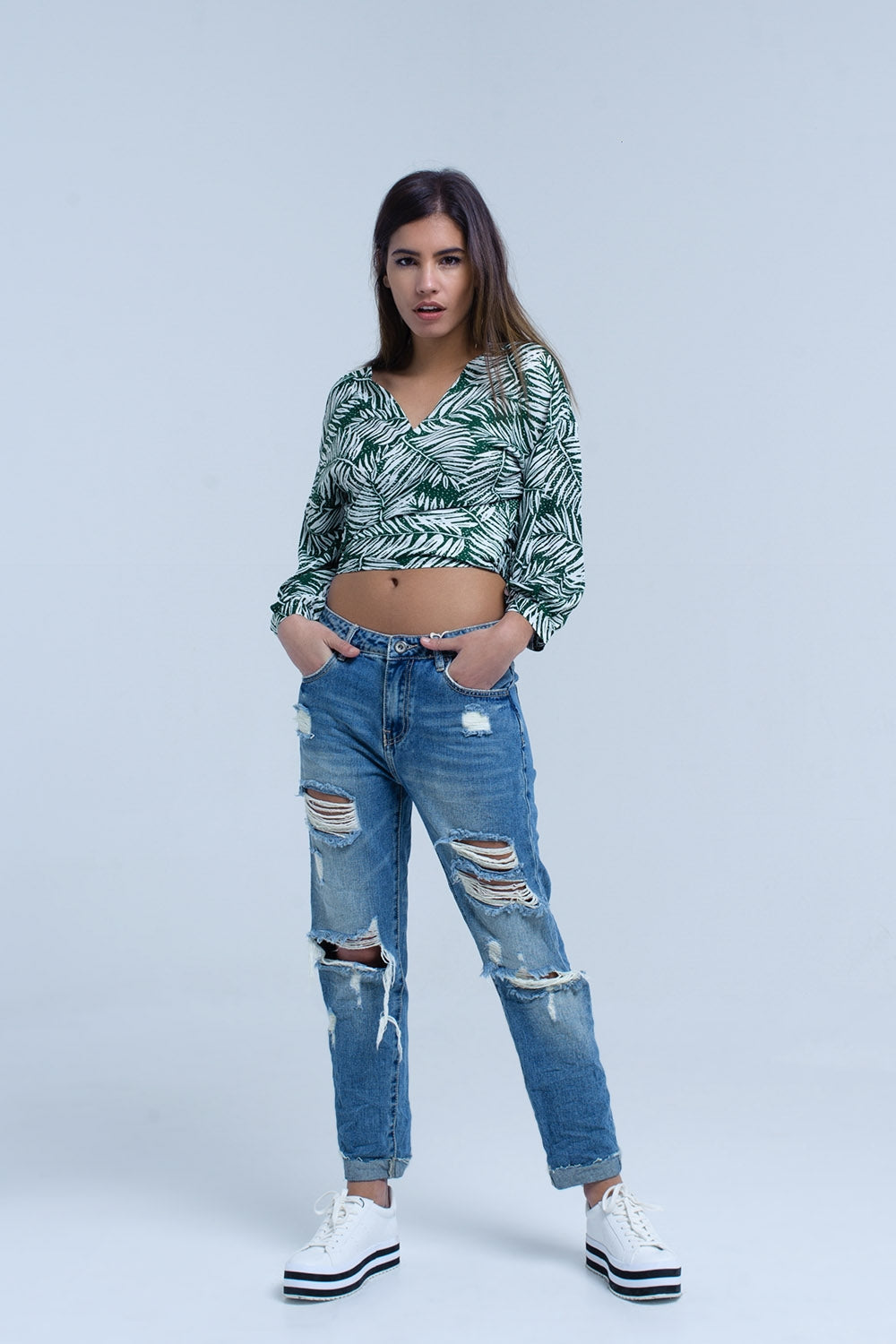 Green leaf print blouse with plunge neck Q2 Shirts BoutiqueLua