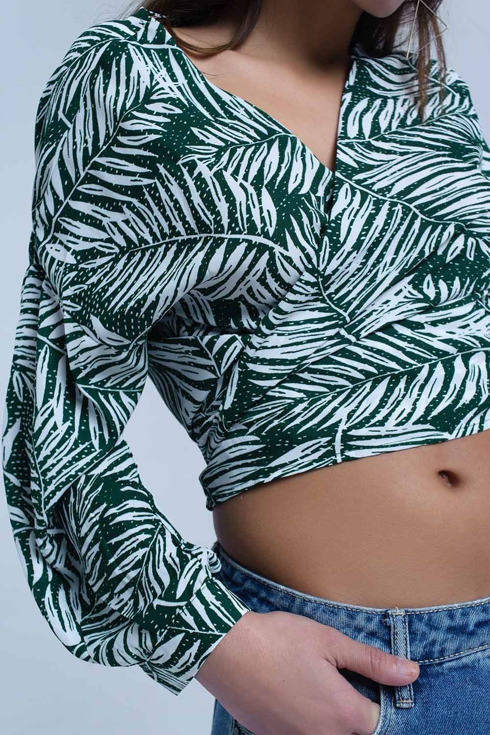 Green leaf print blouse with plunge neck Q2 Shirts BoutiqueLua