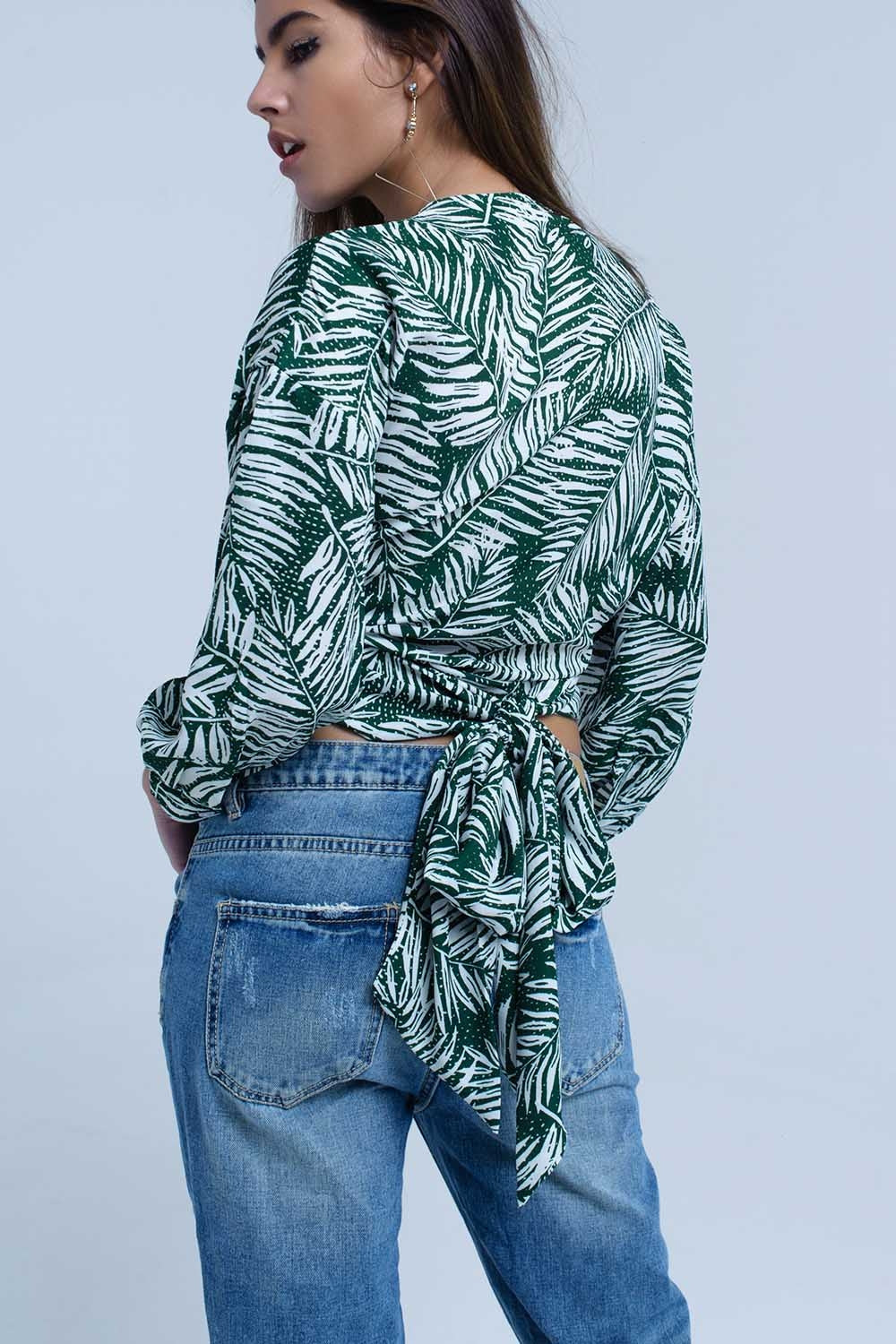 Green leaf print blouse with plunge neck Q2 Shirts BoutiqueLua