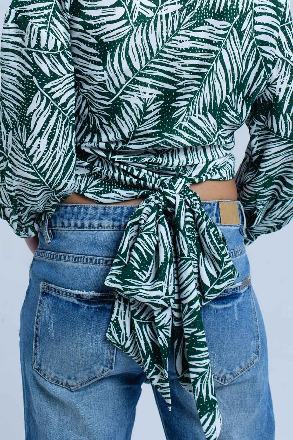 Green leaf print blouse with plunge neck Q2 Shirts BoutiqueLua