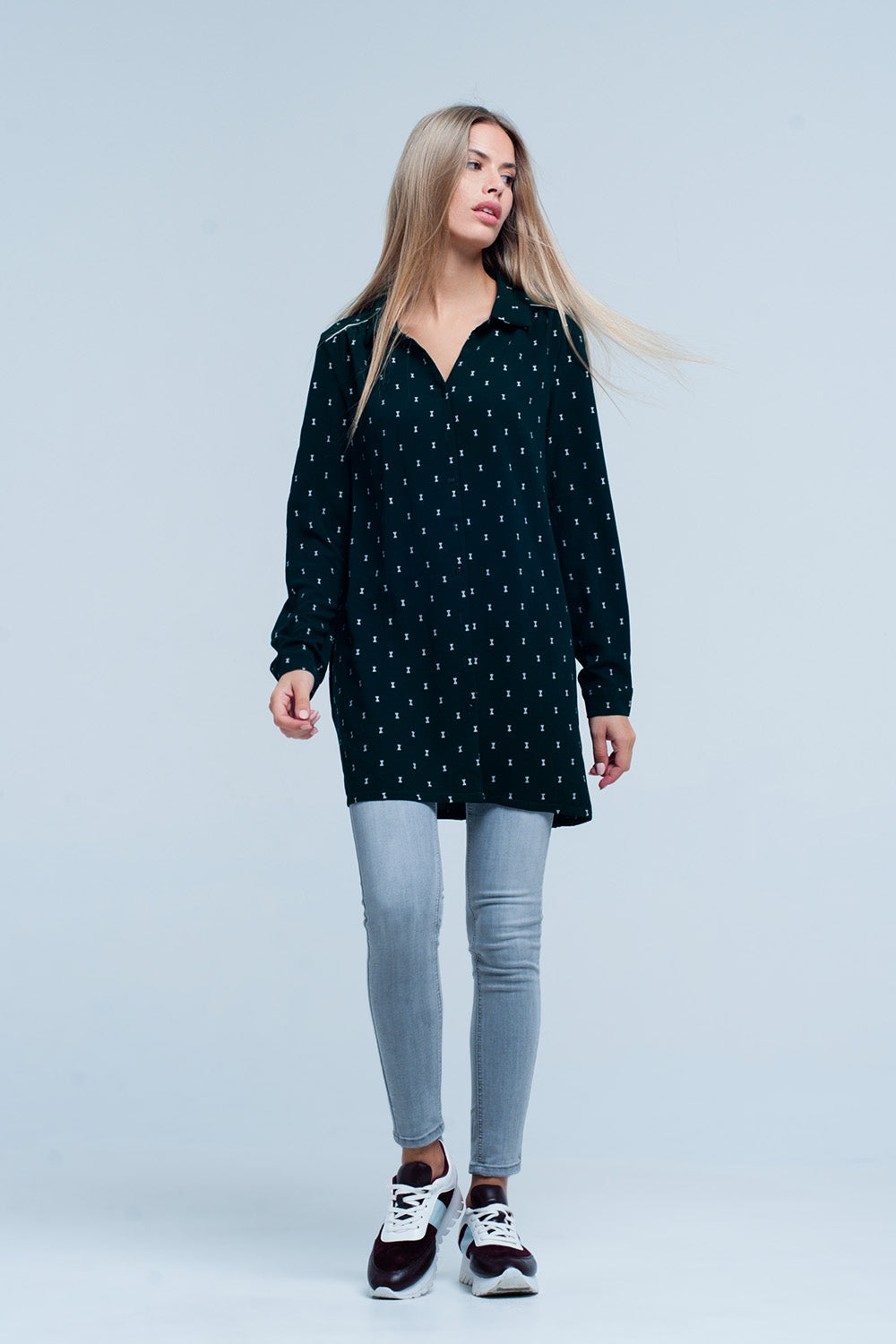 Green longline shirt with silver ribbon pattern Q2 Shirts BoutiqueLua