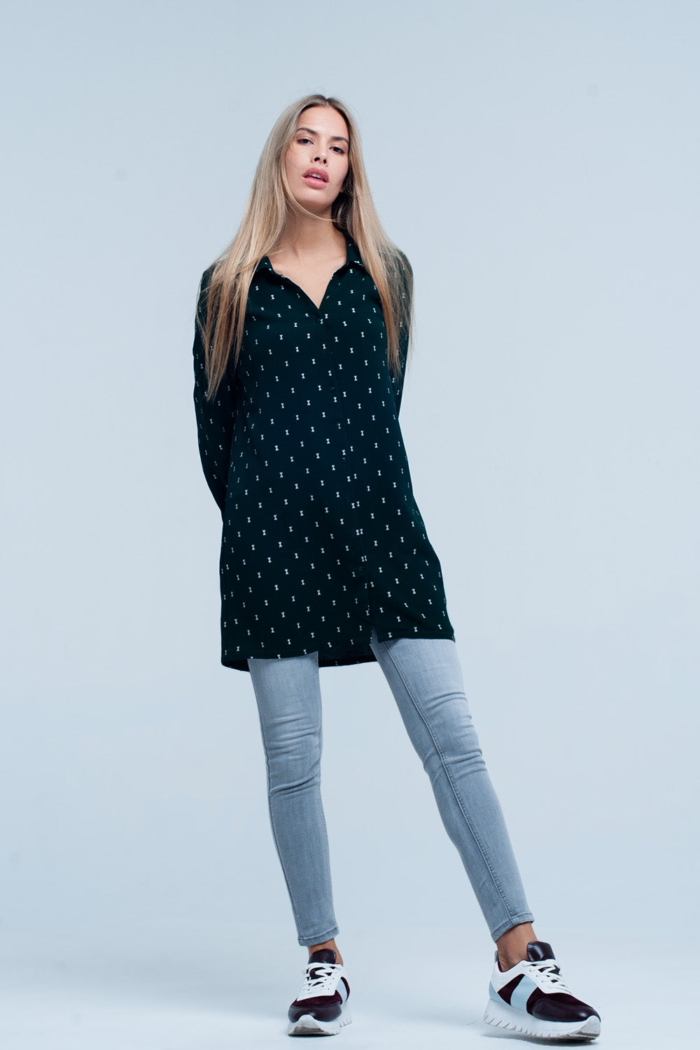 Green longline shirt with silver ribbon pattern Q2 Shirts BoutiqueLua