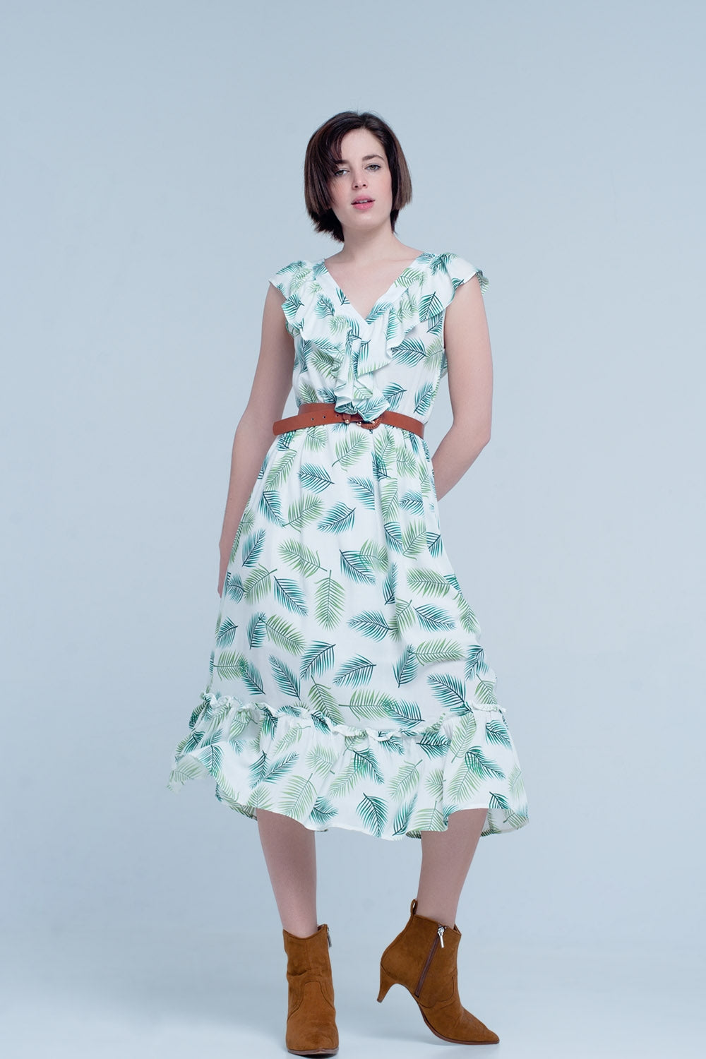 Green Printed Midi Dress with Ruches Q2 Dresses BoutiqueLua