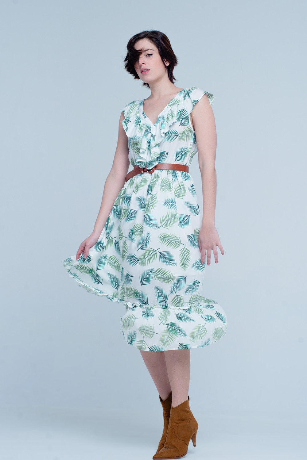 Green Printed Midi Dress with Ruches Q2 Dresses BoutiqueLua