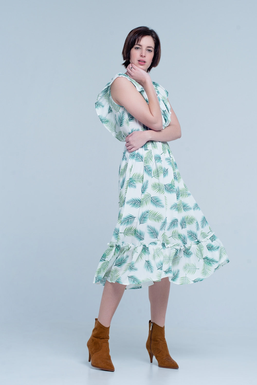 Green Printed Midi Dress with Ruches Q2 Dresses BoutiqueLua